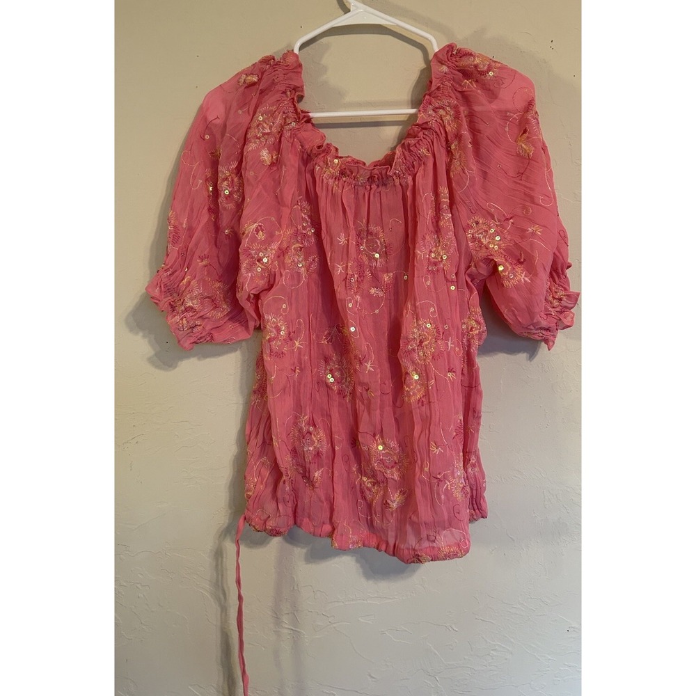 Vintage Y2K Peter Nygard Off Shoulder Pink Top Floral Embroidered Fairy Dainty L
